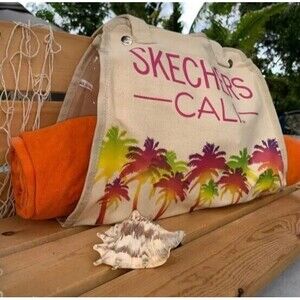 Skechers Cali Beach Bag Canvas Tote Shoulder Bag Travel Zippered Pouches NIOP